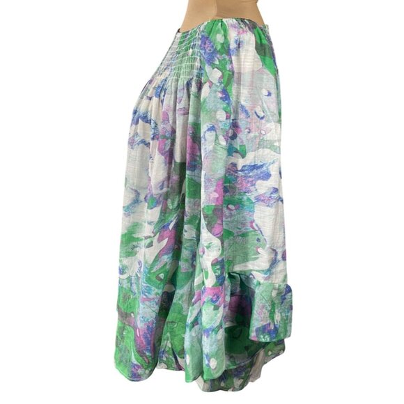 Zac & Rachel OTS Top Blouse Size 1X Blue Green Floral Smocked - Picture 2 of 7